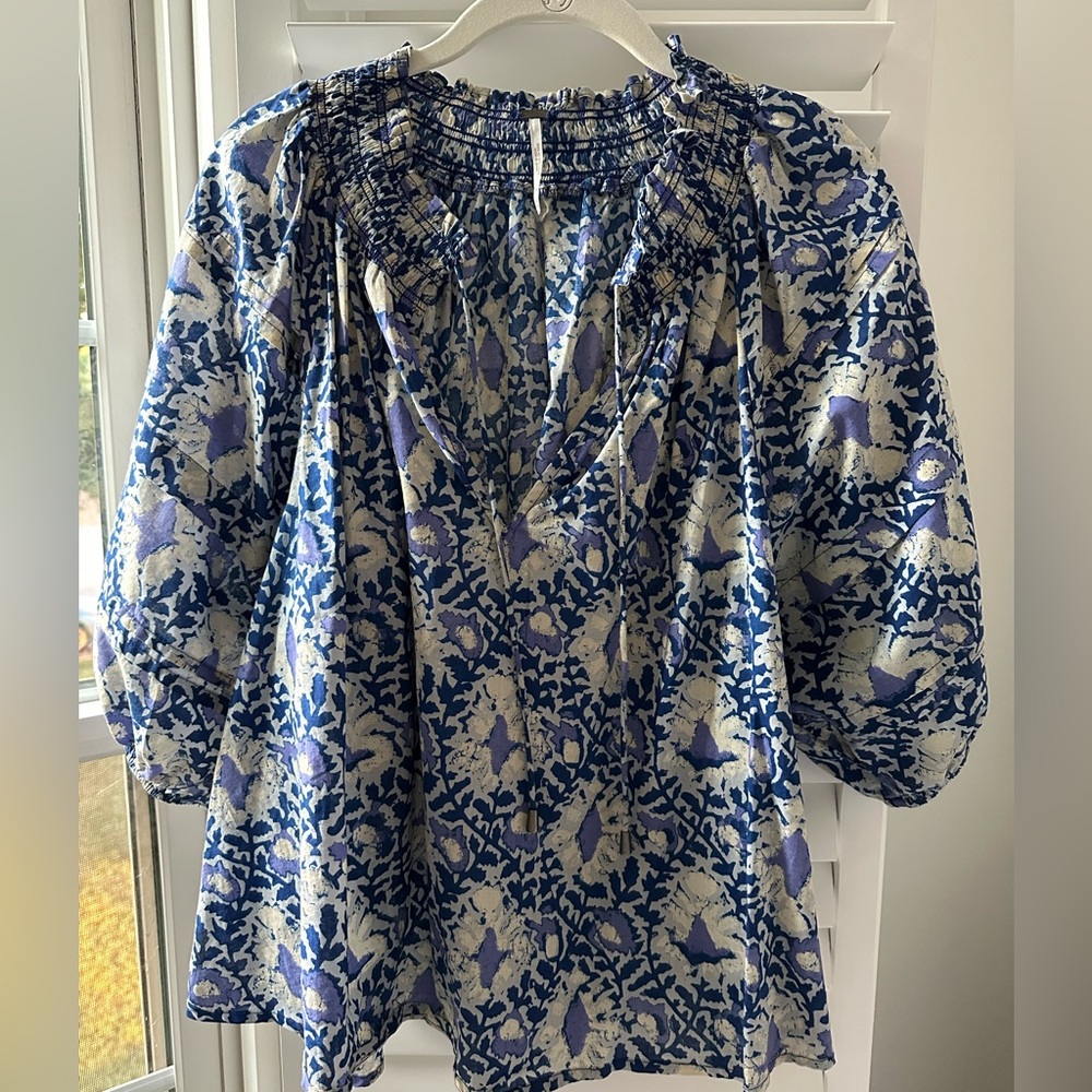 Free People Blue Smocked Neck Blouse